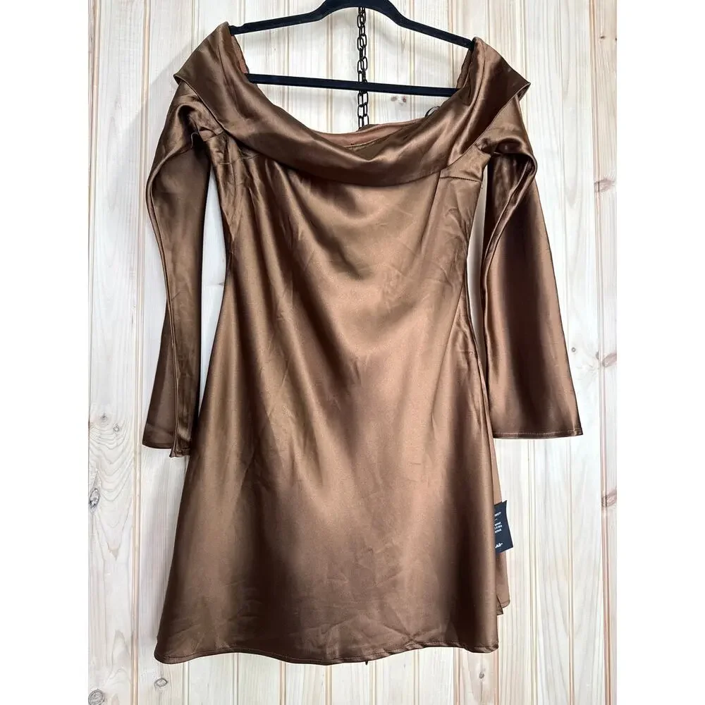 NWT Lulus Luxurious Vision Brown Satin Off-the-Shoulder Mini Dress Party Size L